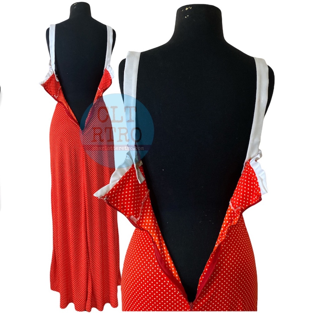 vtg Red Polka Dot Ruffle Maxi Dress - Picture 4 of 12